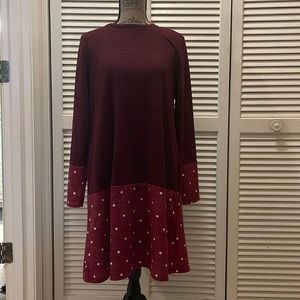 Lightweight sweater dress, maroon with polka dots. Size XL